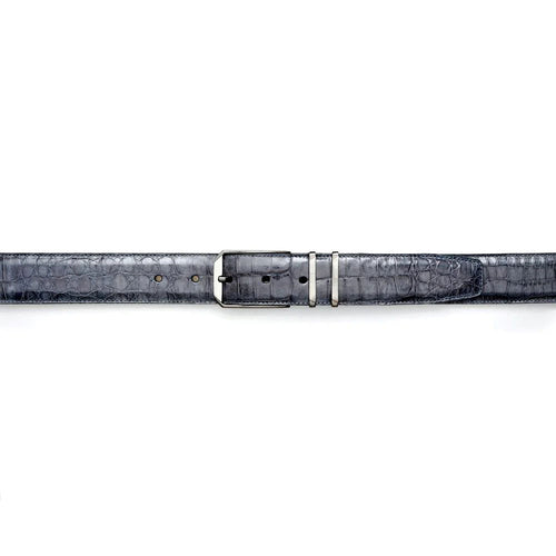 Grey Mezlan crocodile-style leather belt. Textured surface, silver rectangular buckle with three prongs. A stylish, high-quality accessory.
