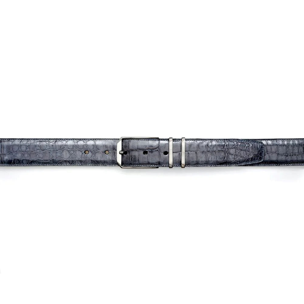 Grey Mezlan crocodile-style leather belt. Textured surface, silver rectangular buckle with three prongs. A stylish, high-quality accessory.
