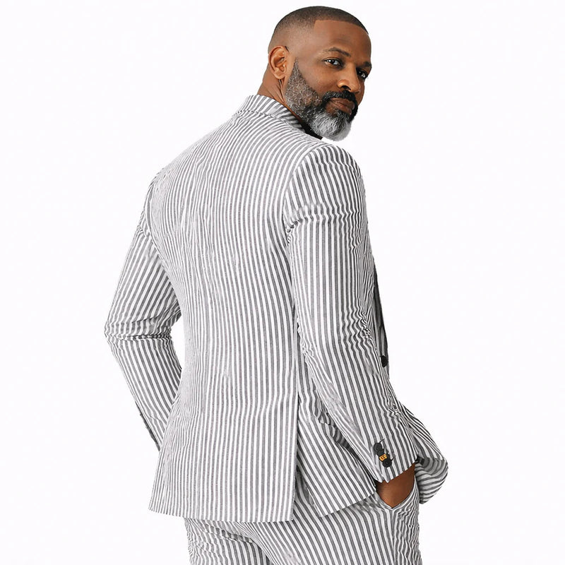 Inserch Mens Premium Cotton Seersucker Stripe Suit – Black