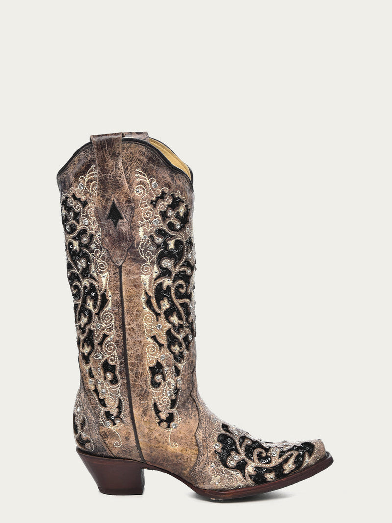 Women's Corral black glitter inlay crystal cowboy boots. Weathered brown leather, textured finish, snip toe. Tall shaft with black/silver embellishments, short angular heel.

