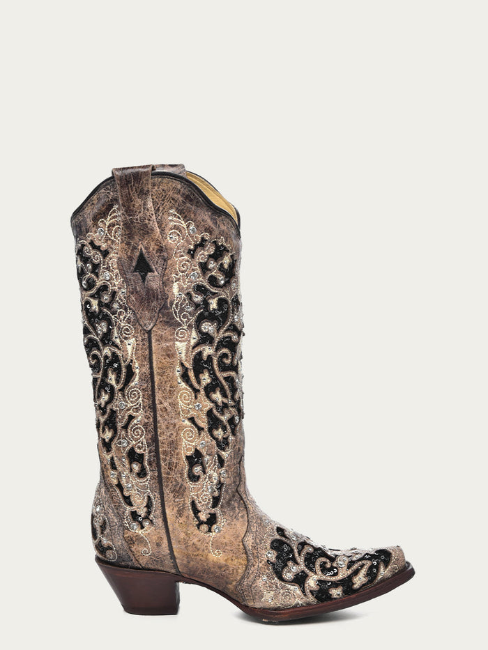 Women's Corral black glitter inlay crystal cowboy boots. Weathered brown leather, textured finish, snip toe. Tall shaft with black/silver embellishments, short angular heel.
