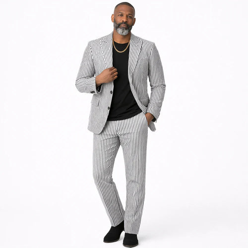 Inserch Mens Premium Cotton Seersucker Stripe Suit – Black