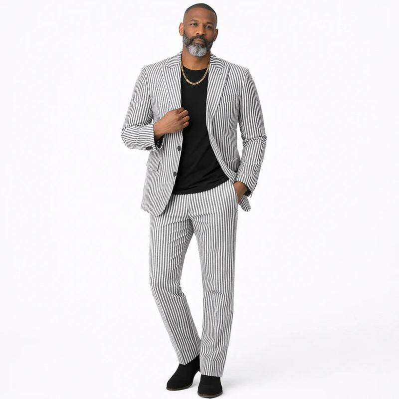 Inserch Mens Premium Cotton Seersucker Stripe Suit – Black