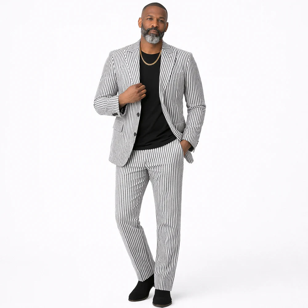 Inserch Mens Premium Cotton Seersucker Stripe Suit – Black
