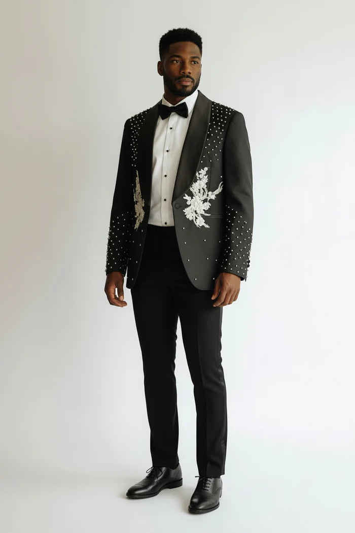 Men’s Elio Black & Silver Embellished Tuxedo – Luxury 3 Piece Prom & Wedding Suit with Shawl Collar