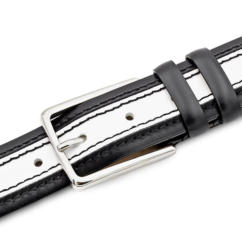 Mezlan two-tone leather belt: Black edges, white center. White stitching, silver buckle. Black leather loops. Standard belt with adjustable holes.

