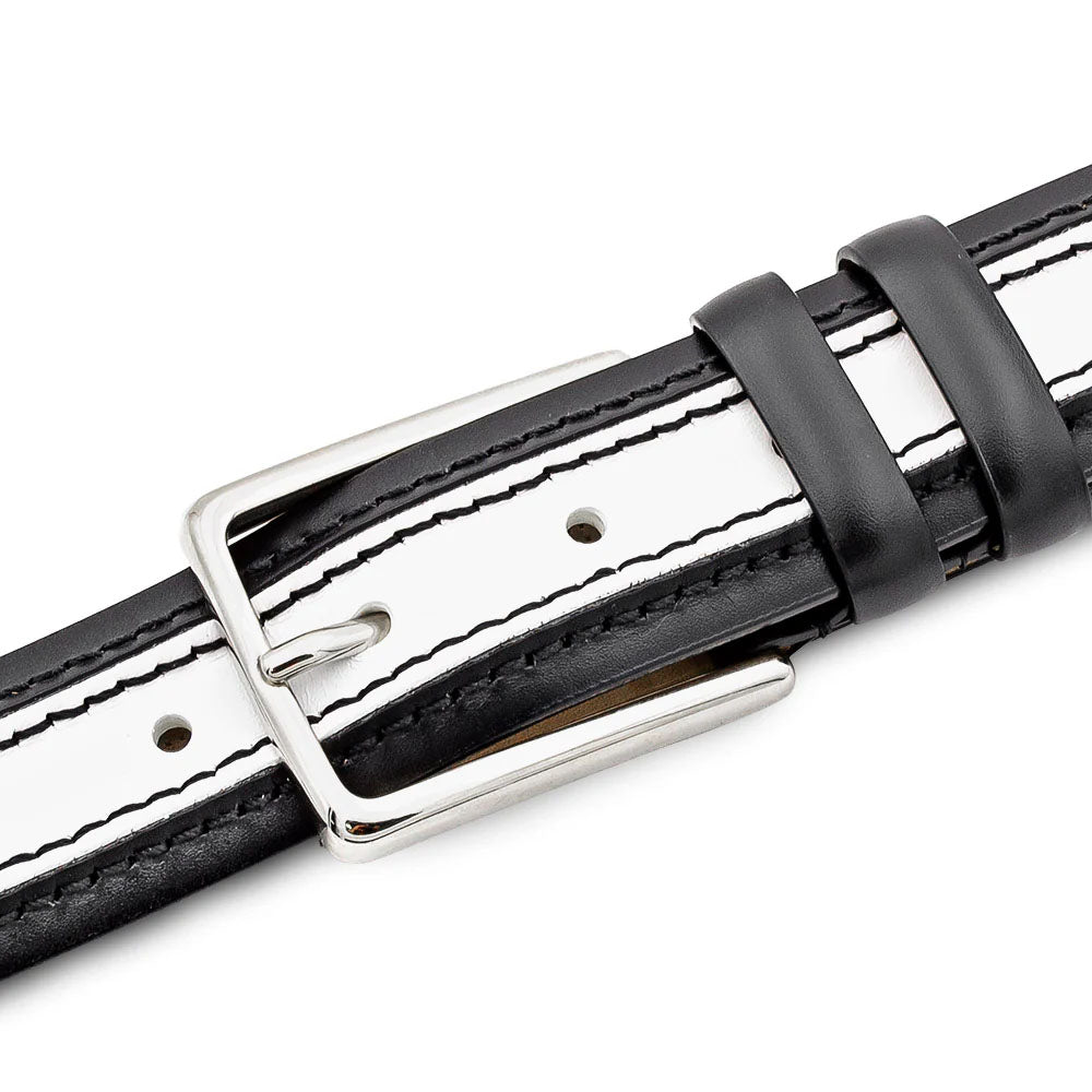 Mezlan two-tone leather belt: Black edges, white center. White stitching, silver buckle. Black leather loops. Standard belt with adjustable holes.
