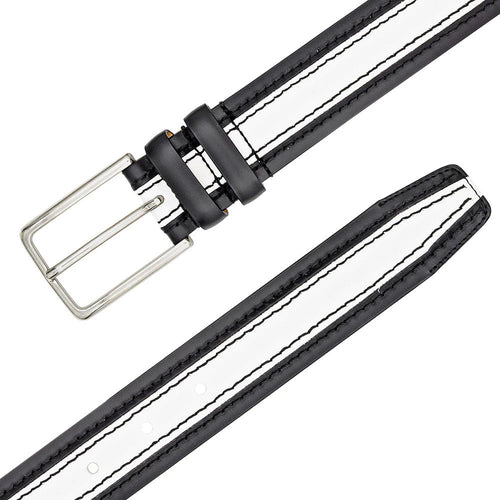 Mezlan two-tone leather belt: Black base, white accents, linear design. Metallic silver buckle, black stitching. Flat, rectangular with fastening holes.
