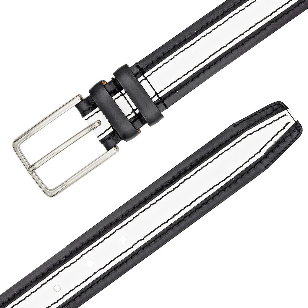 Mezlan two-tone leather belt: Black base, white accents, linear design. Metallic silver buckle, black stitching. Flat, rectangular with fastening holes.
