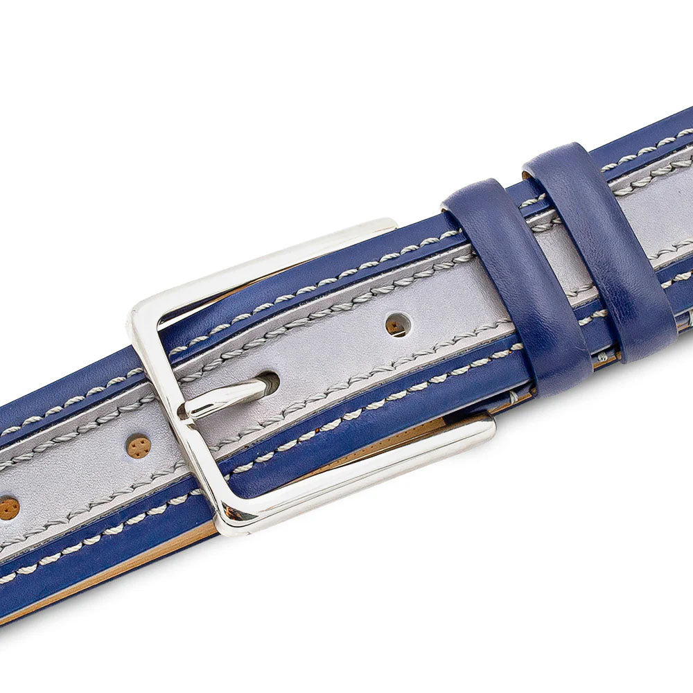 Two-tone Mezlan belt: blue & grey leather, flat shape. Silver buckle. Contrasting thread stitching. Adjustable with round holes, secured by leather keepers.
