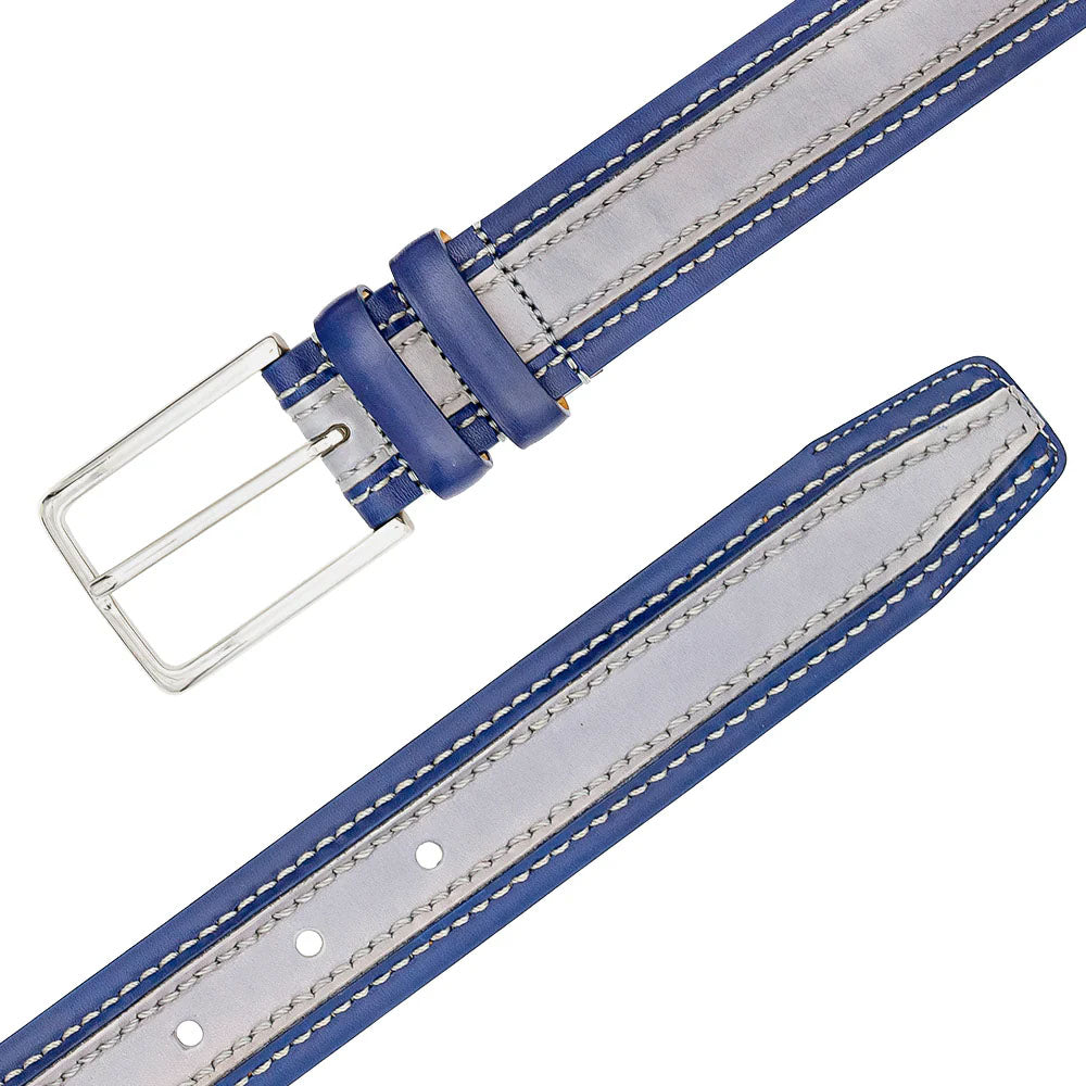 Mezlan two-tone leather belt in blue/grey with contrasting stitching. Features a rectangular metal buckle, smooth finish, and adjustable holes. Tapers towards the end, textured blue section.
