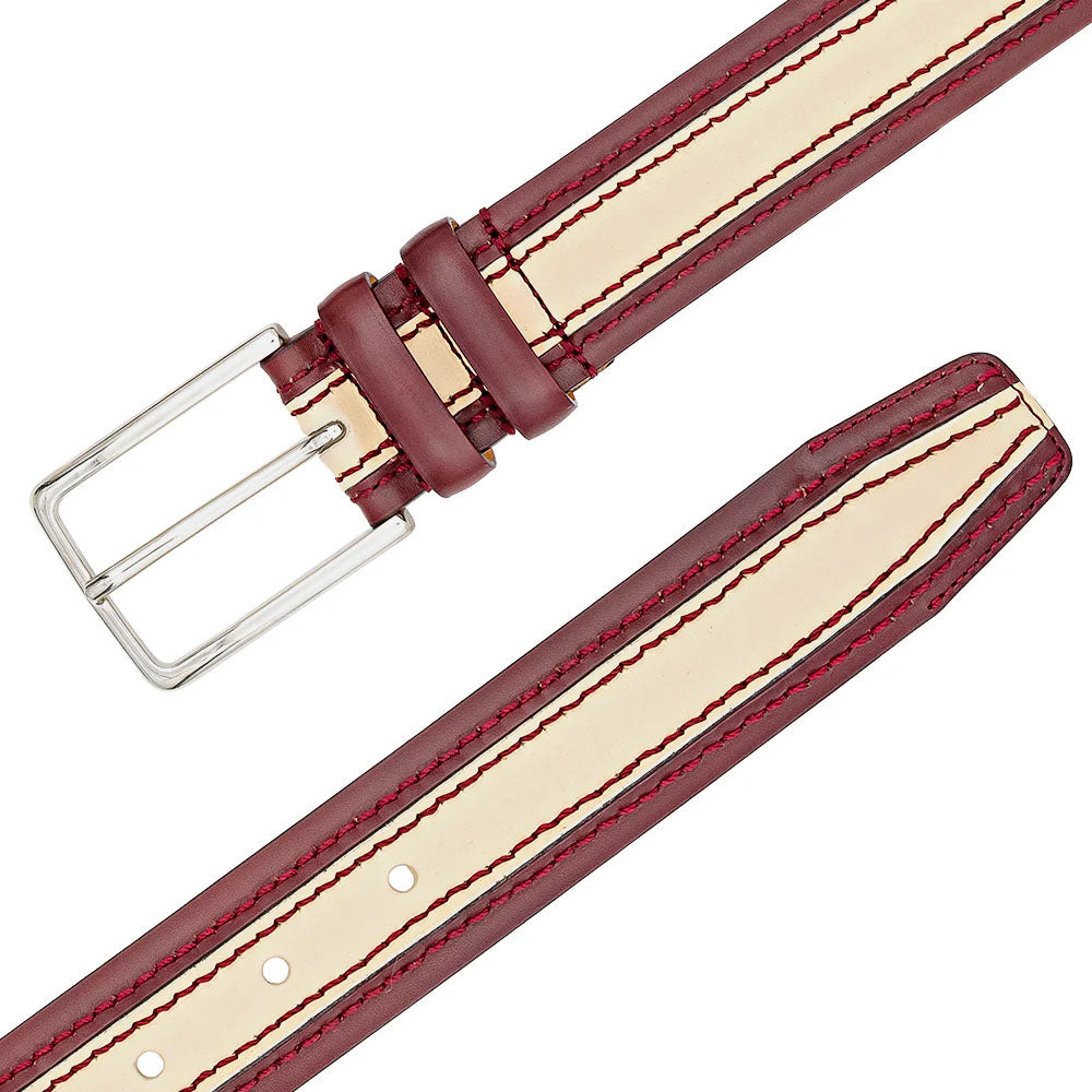 Mezlan two-tone leather belt. Red exterior, bone stitching & interior. Silver buckle. Multiple adjustment holes for a customizable fit.
