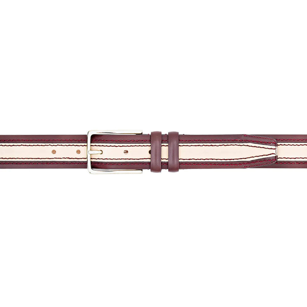 Mezlan two-tone leather belt. Red exterior with cream stripes, silver buckle. Contrasting stitching. Flat, wider center, tapering ends. Adjustable with keeper.
