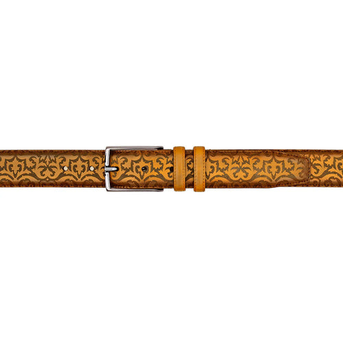 Camel Mezlan belt: laser-printed calfskin with swirl pattern. Features silver buckle and adjustable leather strap. Made with calfskin.

