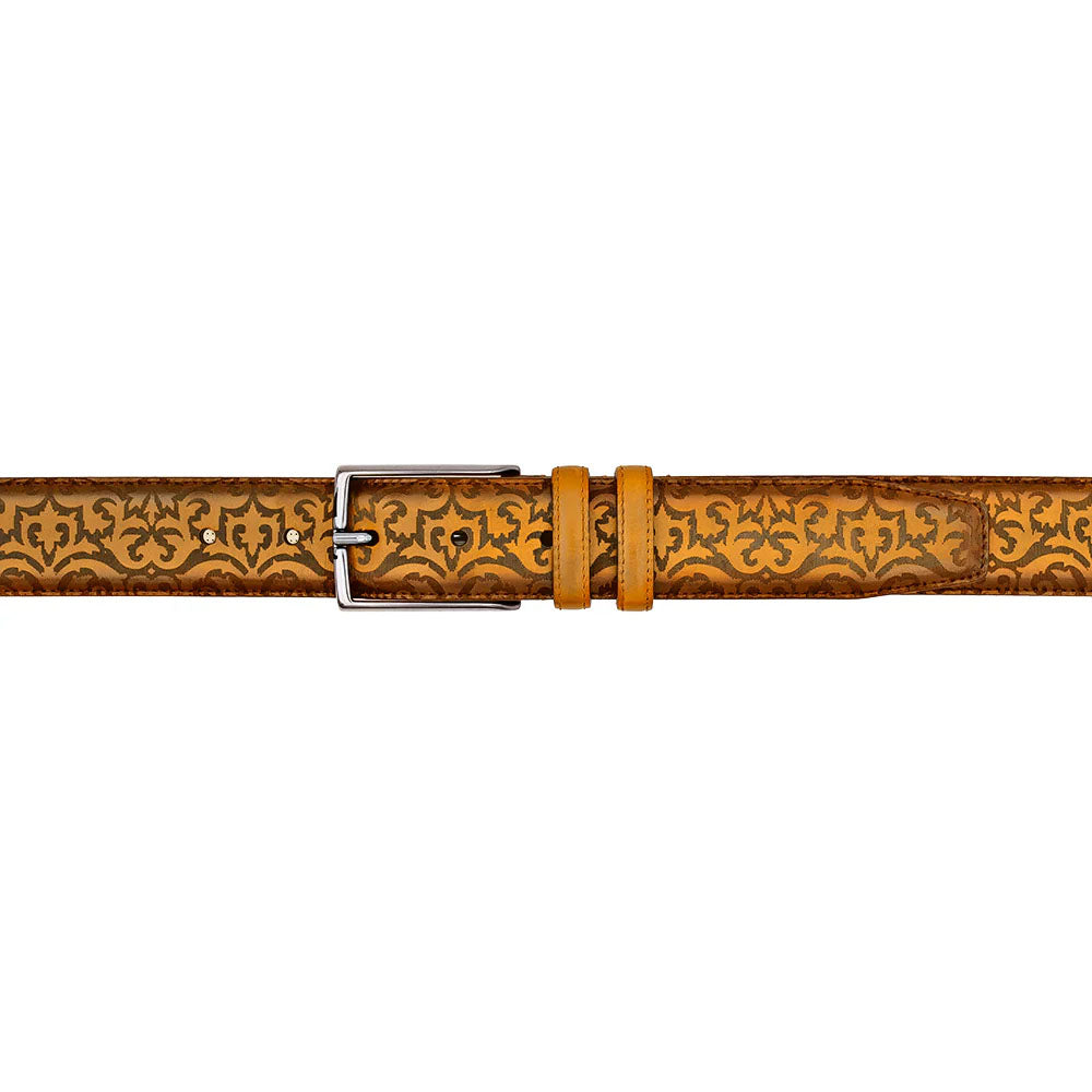 Camel Mezlan belt: laser-printed calfskin with swirl pattern. Features silver buckle and adjustable leather strap. Made with calfskin.
