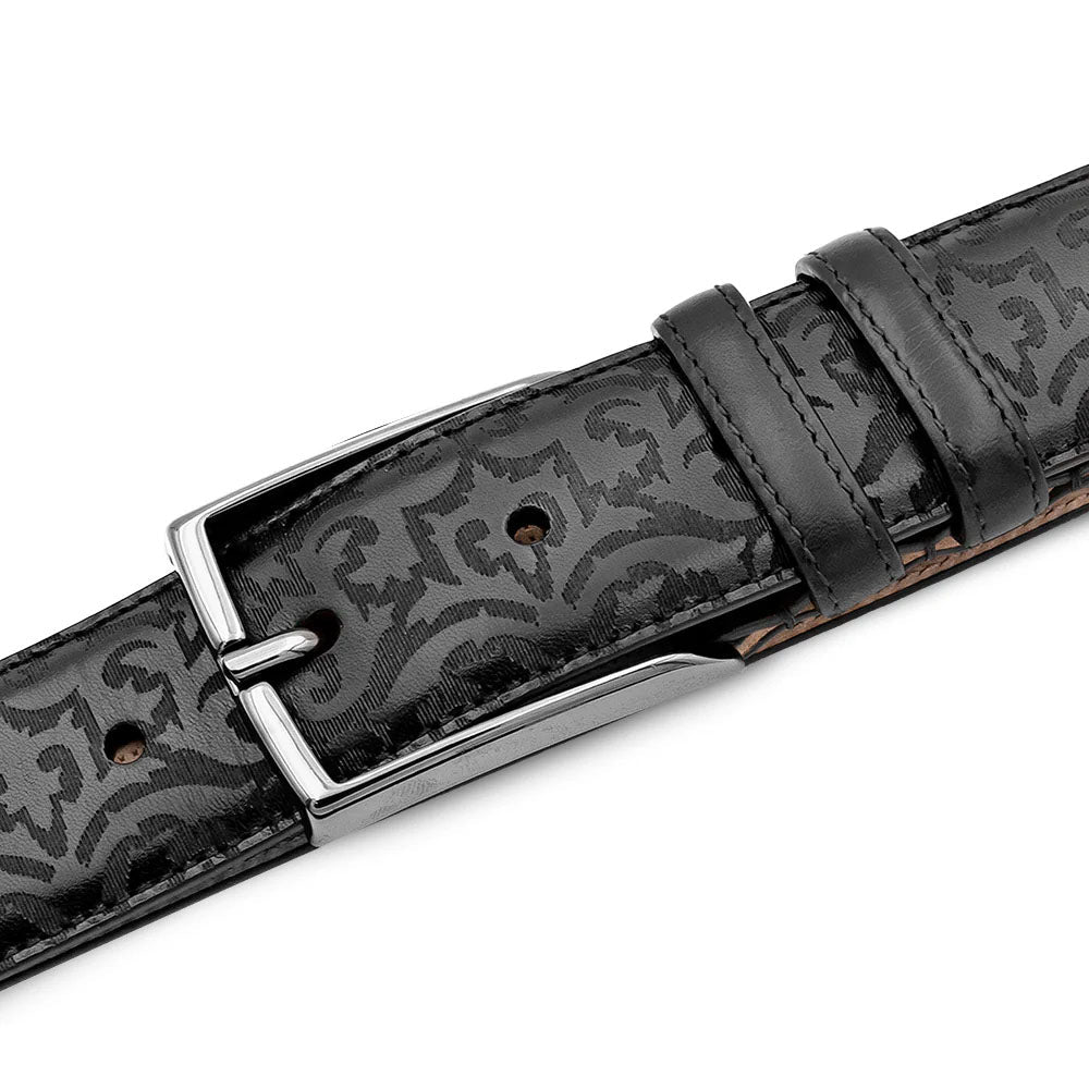 Black Mezlan belt: laser-printed calfskin with tonal designs. Silver rectangular buckle. Smooth, stitched-edge construction.
