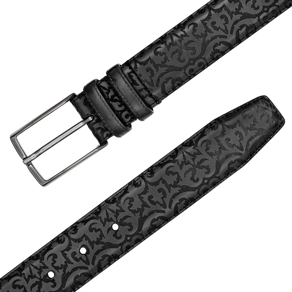 Mezlan black calfskin belt. Flat, wide strap with textured pattern. Laser-printed design. Adjustable with metal buckle. Refined appearance.
