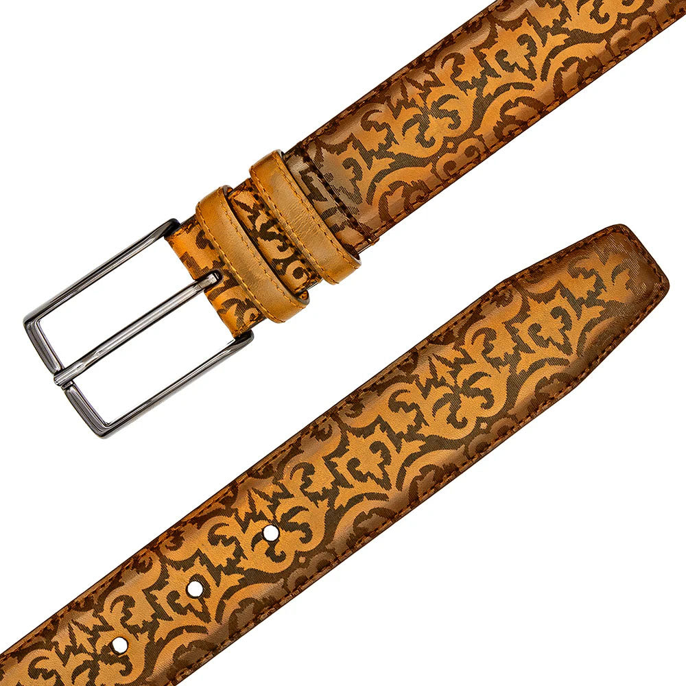 Mezlan camel calfskin belt with laser-printed dark brown pattern. Flat, smooth design, silver metal buckle, and finely stitched edges for a clean look.
