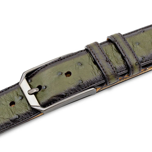 Olive green Mezlan ostrich belt. Textured surface, natural patterns. Silver buckle, multiple holes. Smooth lining, stitched edge for durability.
