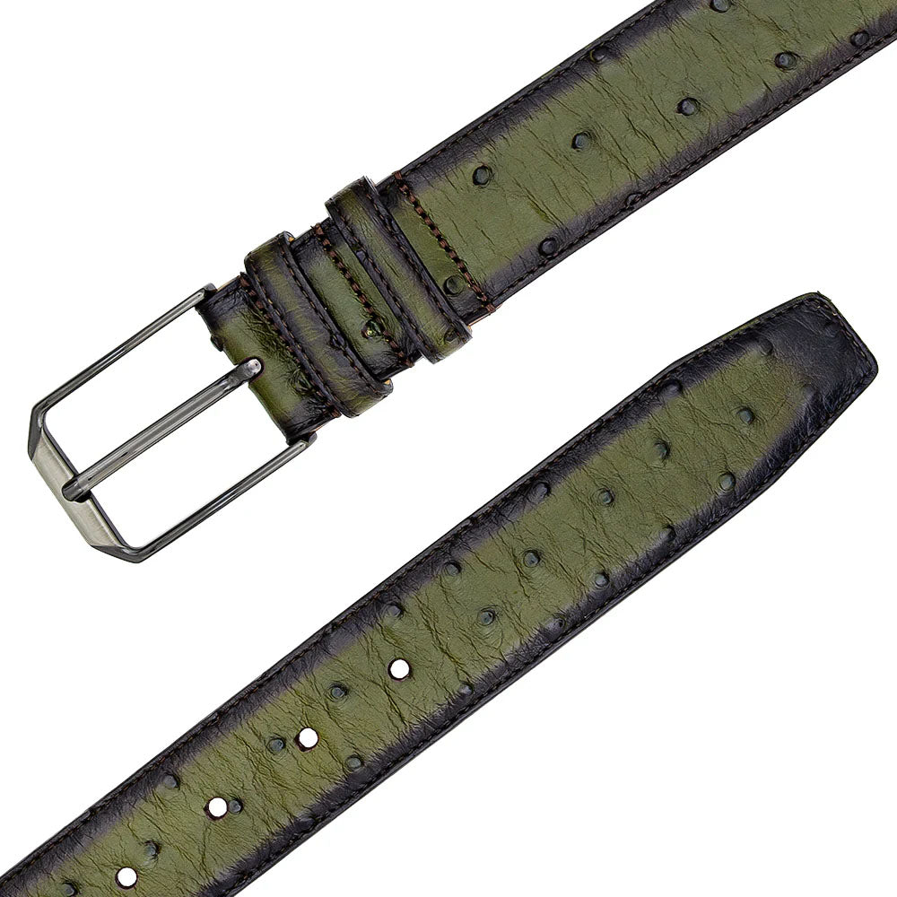Olive Mezlan ostrich belt. Tapered design, smooth with bumps. Olive green with darker edge. Silver-tone buckle and prong. Adjustable, layered strap.
