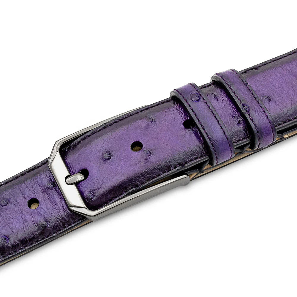 Purple Mezlan ostrich belt: smooth, bumpy texture. Made from ostrich skin. Metal buckle. Multiple size adjustments. 
