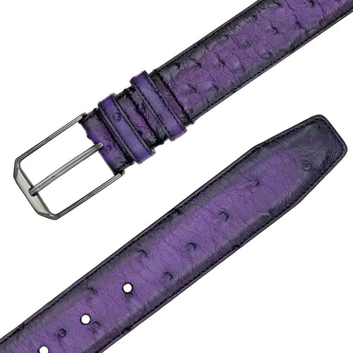Solid purple Mezlan ostrich belt. Smooth, textured skin. Rectangular metal buckle. Multiple sizing holes. Pointed tapered end with a keeper loop for excess length.
