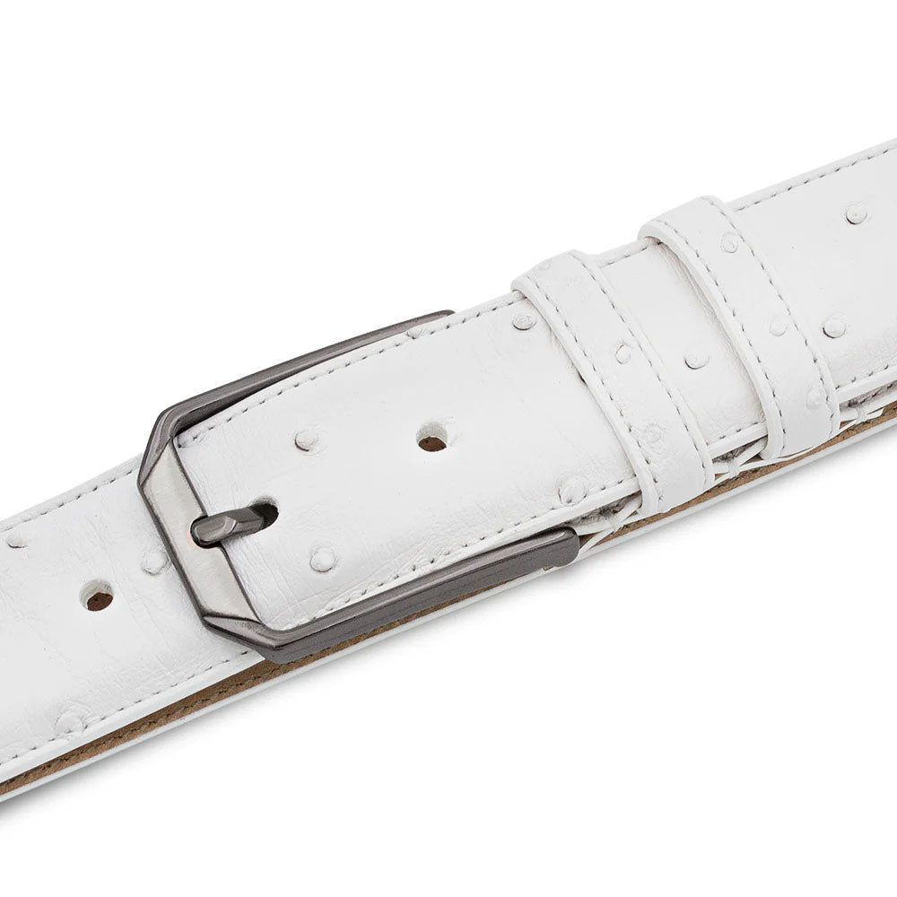 White Mezlan ostrich belt. Smooth texture, dark metallic buckle. Narrow width, adjustable holes. Matching strap keeper. Distinctive raised bumps.
