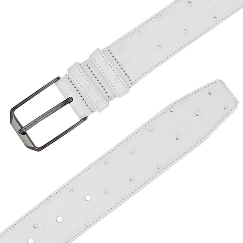 Textured white Mezlan ostrich belt with silver buckle. Crafted from ostrich leather, it has evenly spaced holes and a tapered end for a stylish fit.
