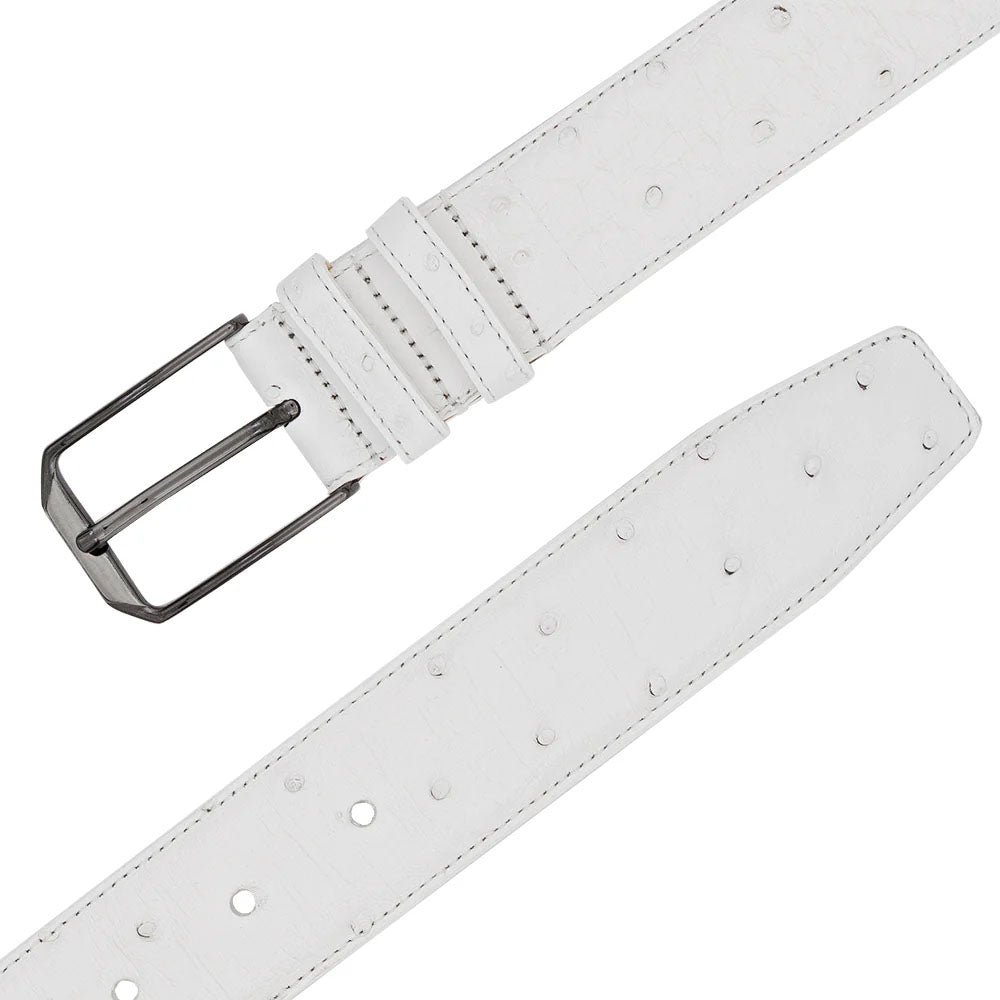 Textured white Mezlan ostrich belt with silver buckle. Crafted from ostrich leather, it has evenly spaced holes and a tapered end for a stylish fit.
