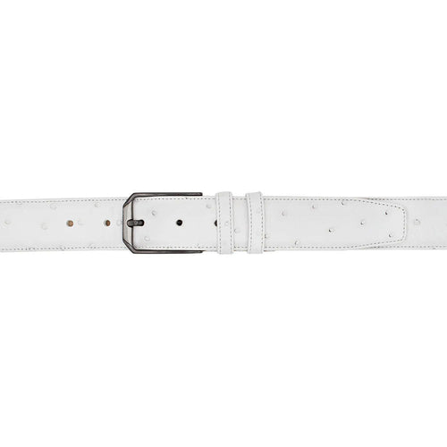 White Mezlan ostrich skin belt with textured surface. Features a rectangular metal buckle. Consistent width, tapering slightly. Clean, straight edge.
