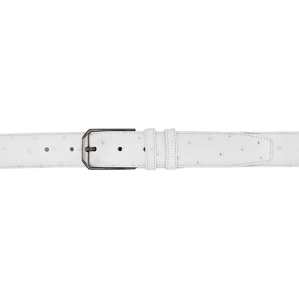 White Mezlan ostrich skin belt with textured surface. Features a rectangular metal buckle. Consistent width, tapering slightly. Clean, straight edge.
