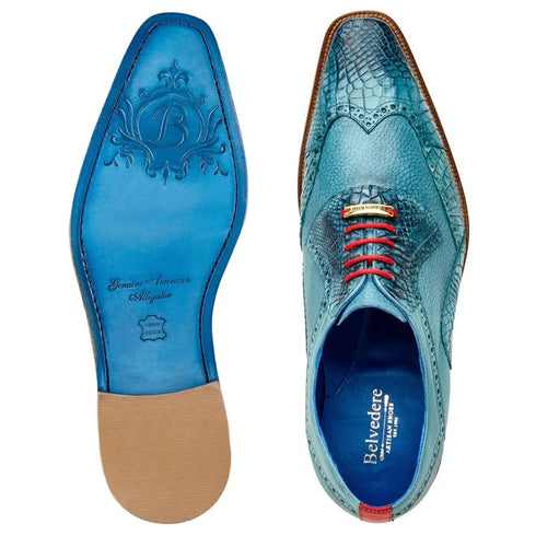 Men's Belvedere Roberto Calf & Alligator Wingtip Dress Shoe In Antique Aqua Blue