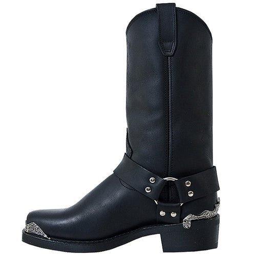 Dingo's black leather biker boots: Tall shaft, sleek form, pointed toe, and elevated heel. Smooth black leather with ankle/toe straps and metallic accents.

