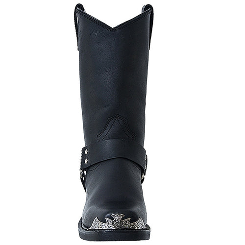Black leather biker boots: Tall shaft, pointed top, ankle buckle, and metal toe cap. Smooth, sleek finish. Classic biker style with a touch of edge.
