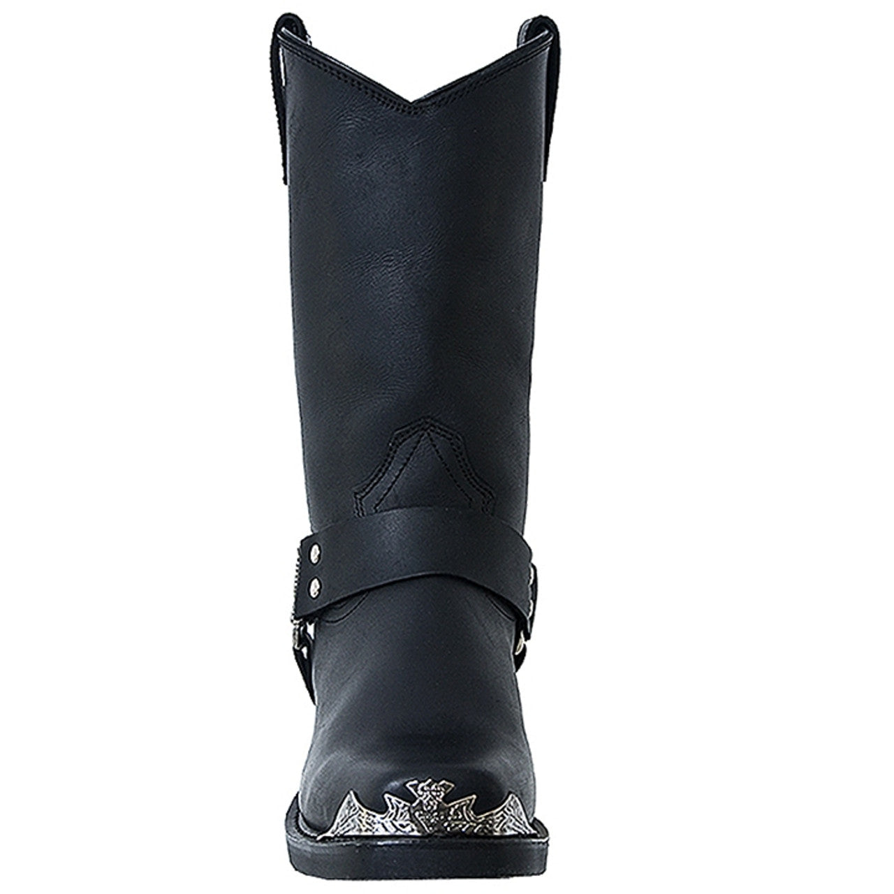 Black leather biker boots: Tall shaft, pointed top, ankle buckle, and metal toe cap. Smooth, sleek finish. Classic biker style with a touch of edge.
