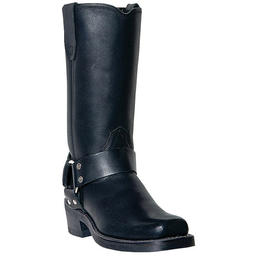 Black leather motorcycle boots. Tall shaft, straight cut, smooth leather upper. Ankle strap with studs. Low stacked heel, slightly curved sole. Pointed toe.
