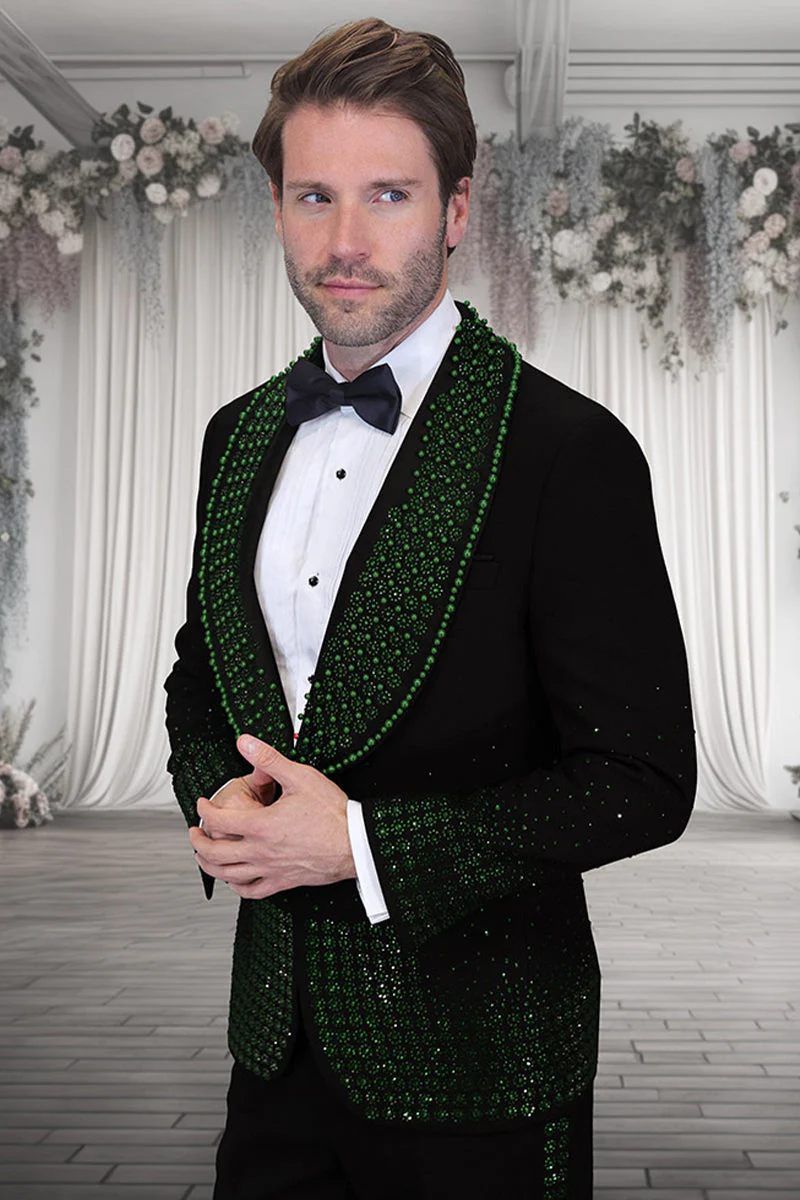 Mens Designer Hunter Green Flower Rhinestone Studded Prom and Wedding Tuxedo in Black