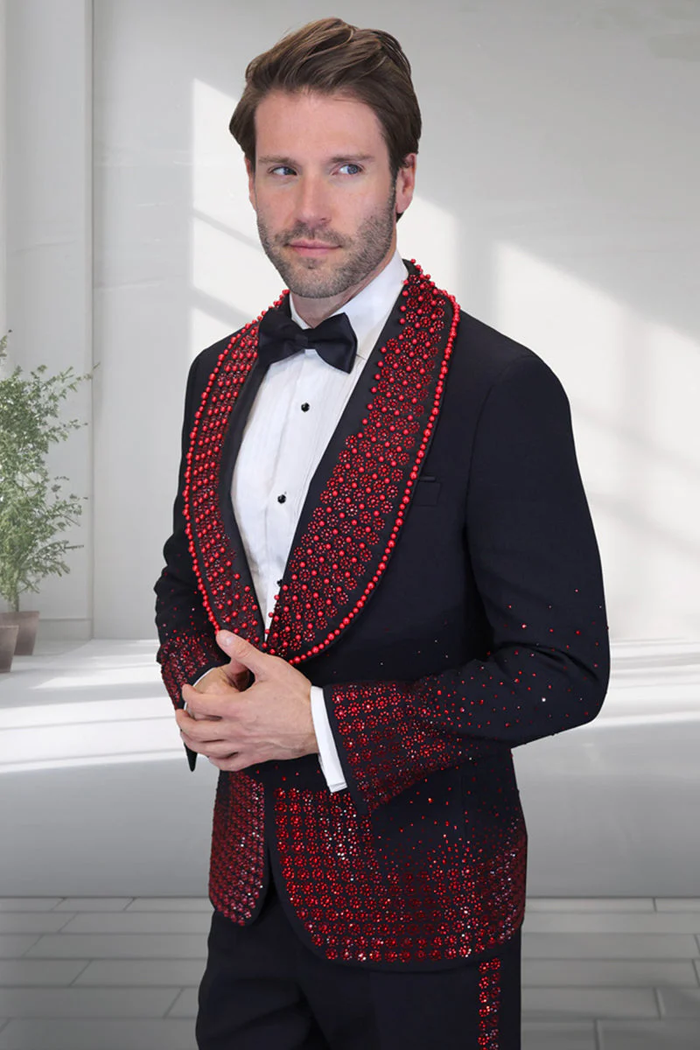 Mens Designer Red Flower Rhinestone Studded Prom and Wedding Tuxedo in Black