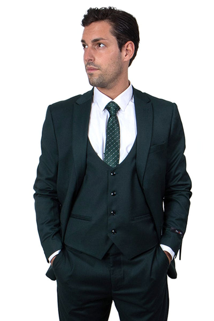"Men's Hunter Green Skinny Wedding & Prom 2026 Suit - One Button Peak Lapel with Lowcut Vest"