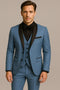 Steel Blue Tuxedo Suit with Black Shawl Lapel – 3 Piece Slim Fit Wedding & Formal Attire in Light Blue Color