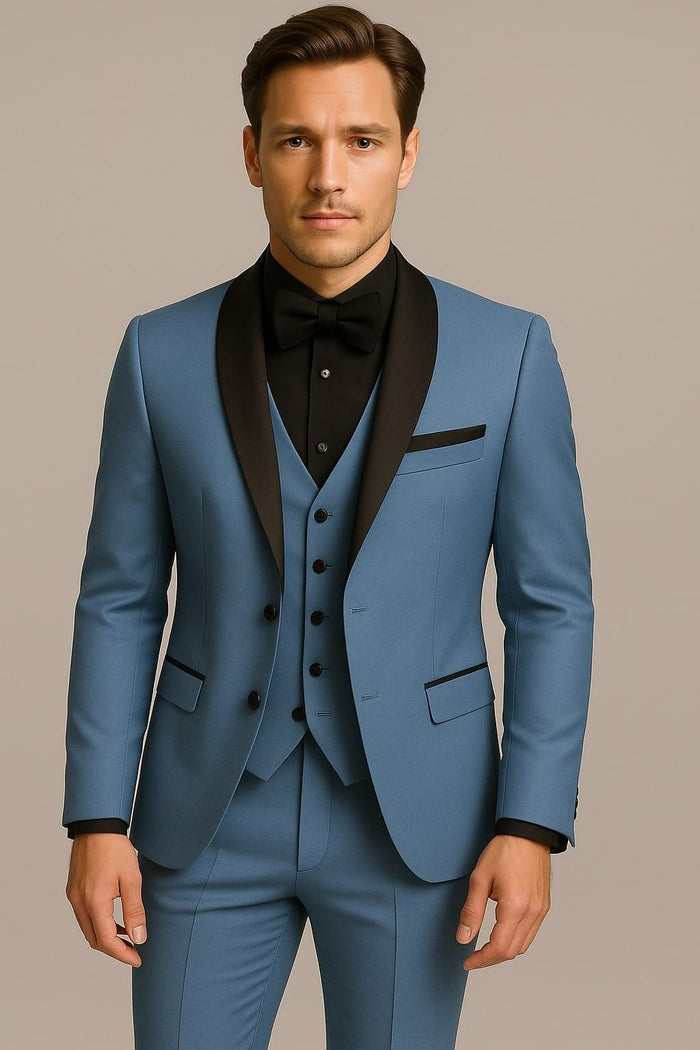 Men’s Light Blue 3-Piece Suit with Black Shawl Lapel – Formal Wedding & Prom, Steel Blue