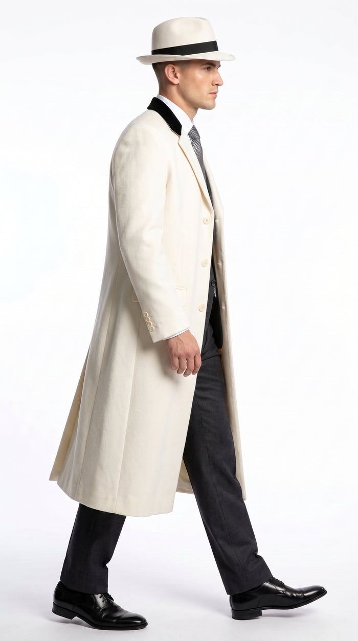 Men’s White Full-Length Trench Coat – Classic Formal Overcoat & Dress Topcoat for Men