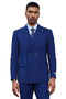 Stacy Adams men's double-breasted suit in solid blue. Classic design with notched lapel, two-row button front, and straight-leg pants. Smooth, refined fabric.
