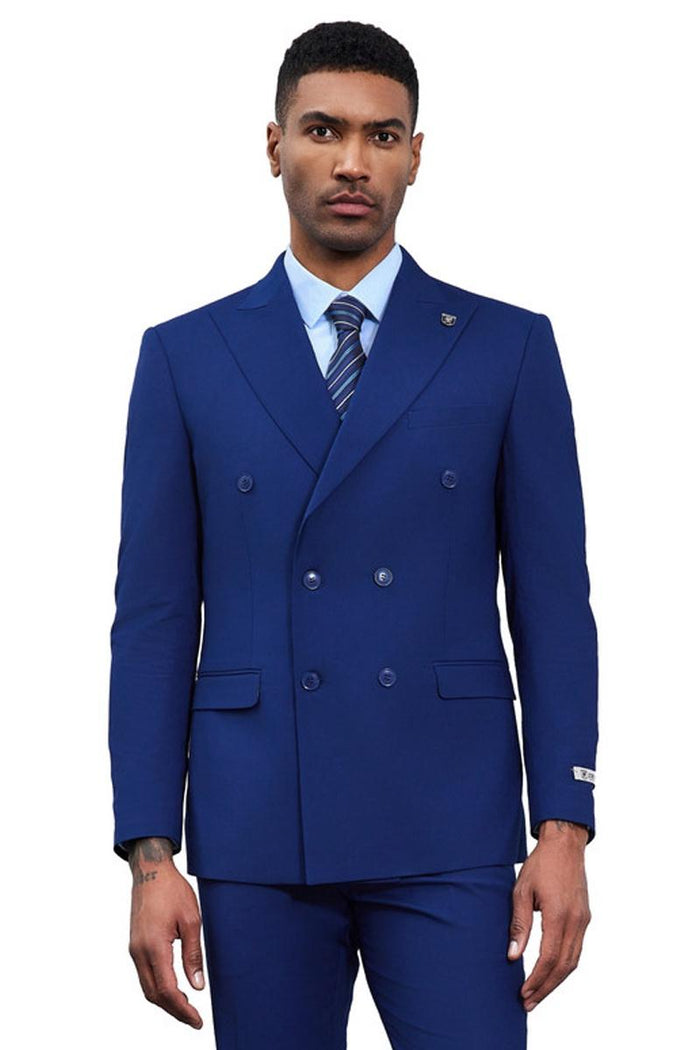 Stacy Adams men's double-breasted suit in solid blue. Classic design with notched lapel, two-row button front, and straight-leg pants. Smooth, refined fabric.
