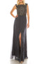 Aidan Mattox 054466960 Beaded Long A-line Evening Dress with Cap Sleeves and Boat Neckline