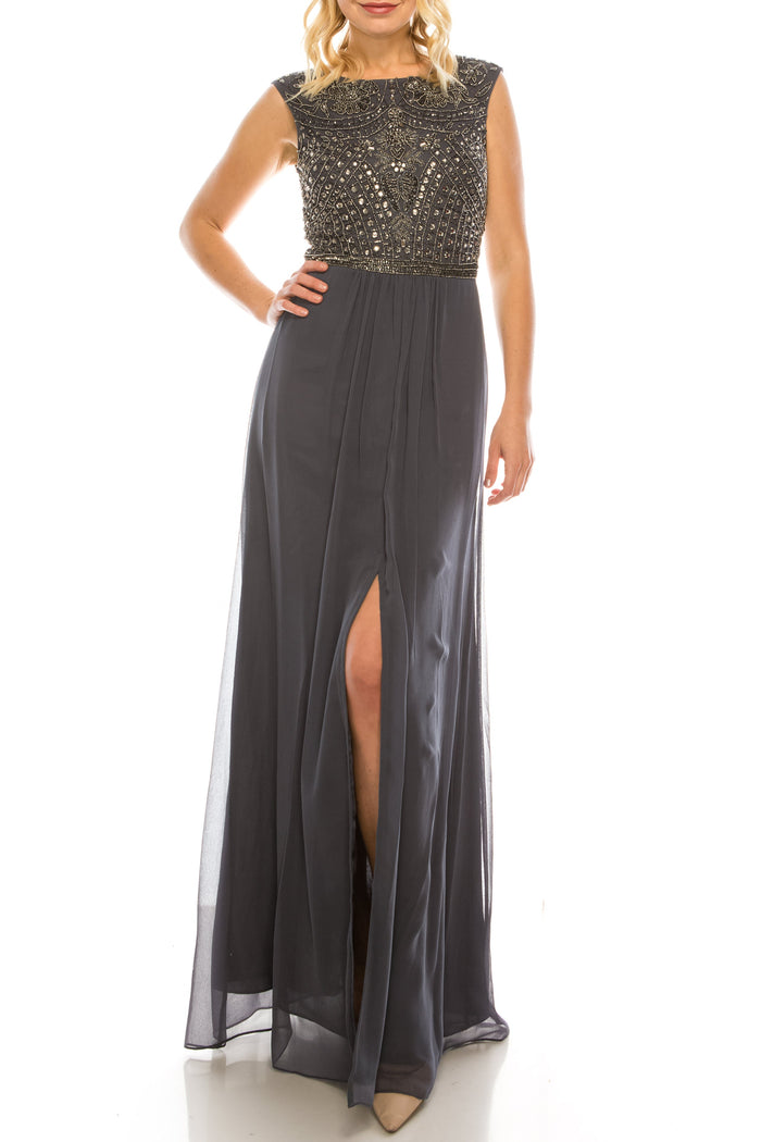 Aidan Mattox 054466960 Beaded Long A-line Evening Dress with Cap Sleeves and Boat Neckline