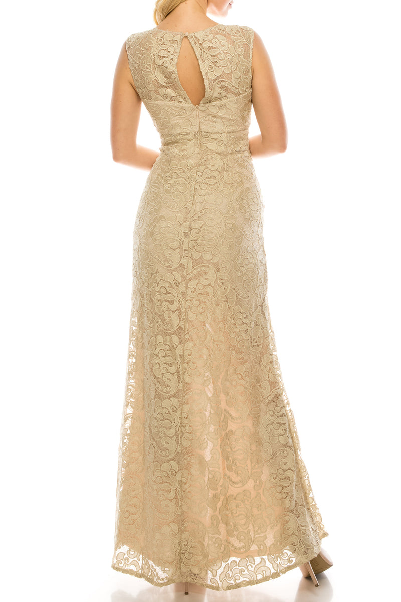 Aidan Mattox MD1E200858 Embroidered Lace Sheath Evening Dress with Cap Sleeves and V-Neckline