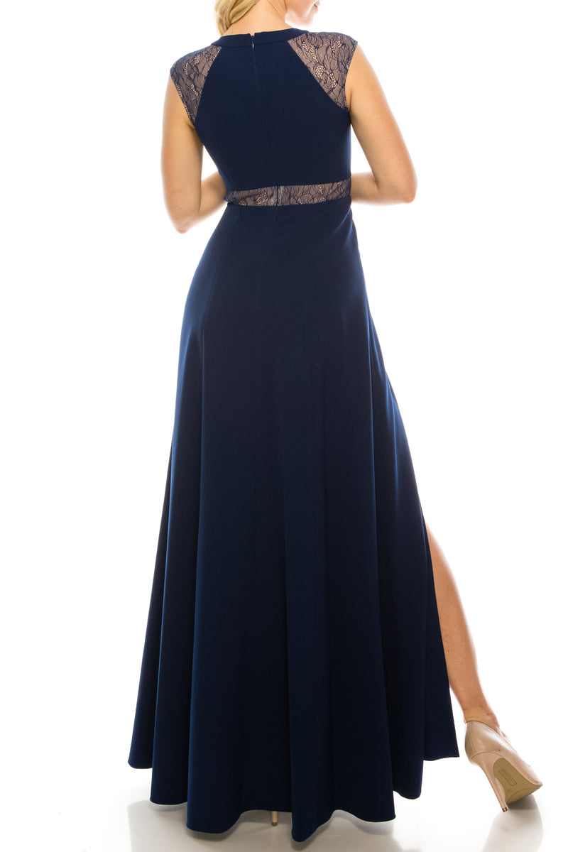 Aidan Mattox MN1E201092 Sleeveless Lace-Detail Evening A-Line Dress with Cap Sleeves and V-Neckline