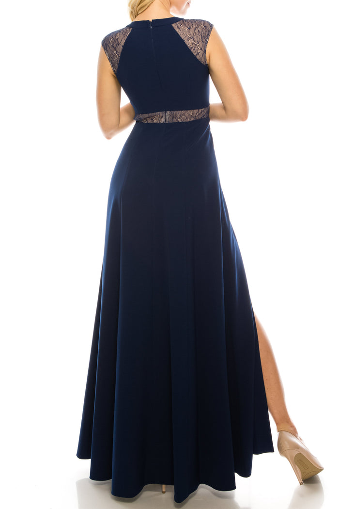 Aidan Mattox MN1E201092 Sleeveless Lace-Detail Evening A-Line Dress with Cap Sleeves and V-Neckline