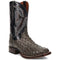Dan Post Alamosa men's boots: Grey-black full quill ostrich foot, black leather shaft with white/red embroidery. Slightly pointed toe, block heel, brown sole with stitching.
